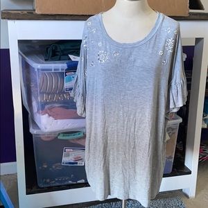 Gray Embroidered Flutter Sleeve Blouse